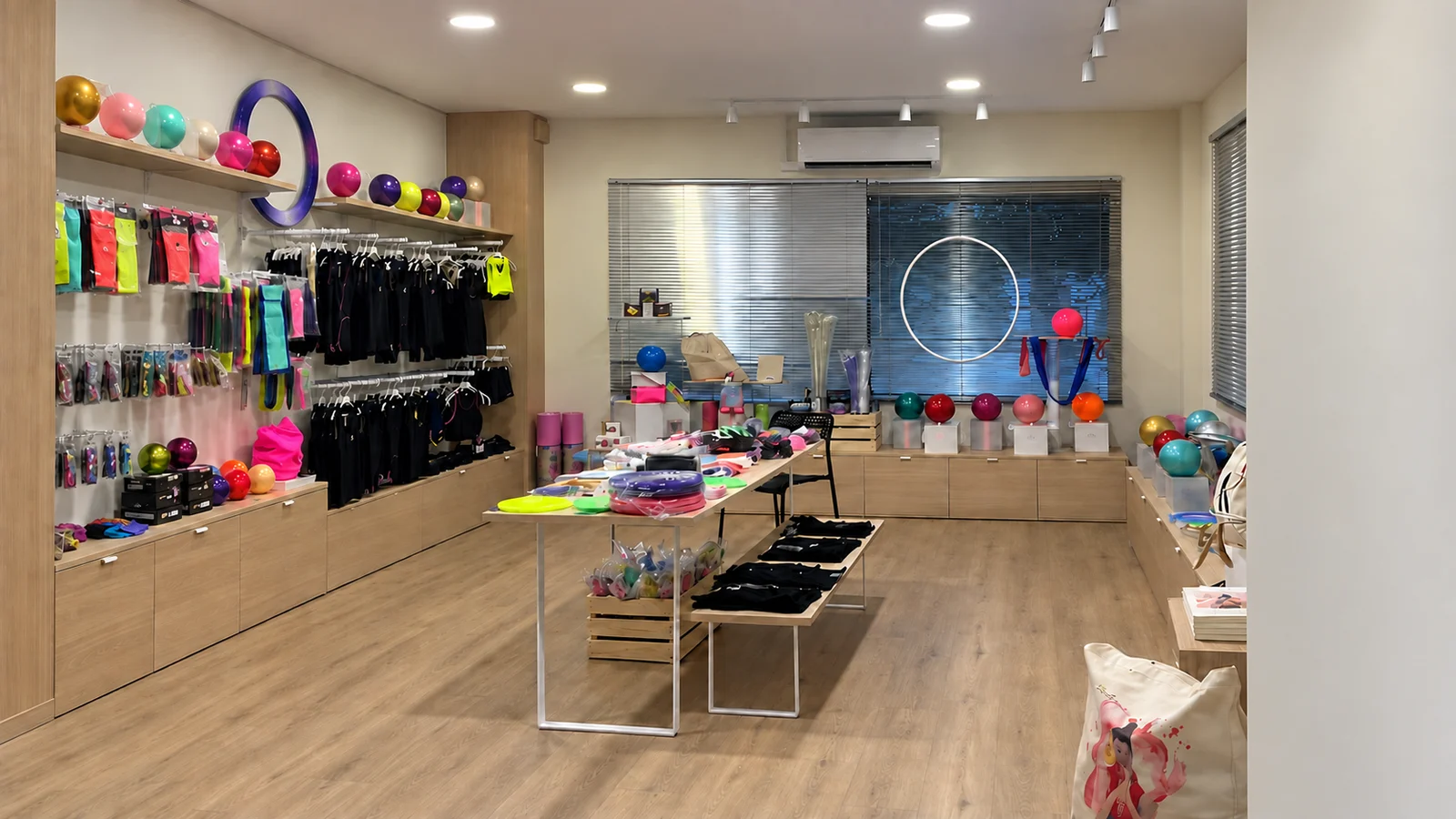 Sala de ventas con maillots colgados, pelotas, aros y cintas, y una mesa central con producto