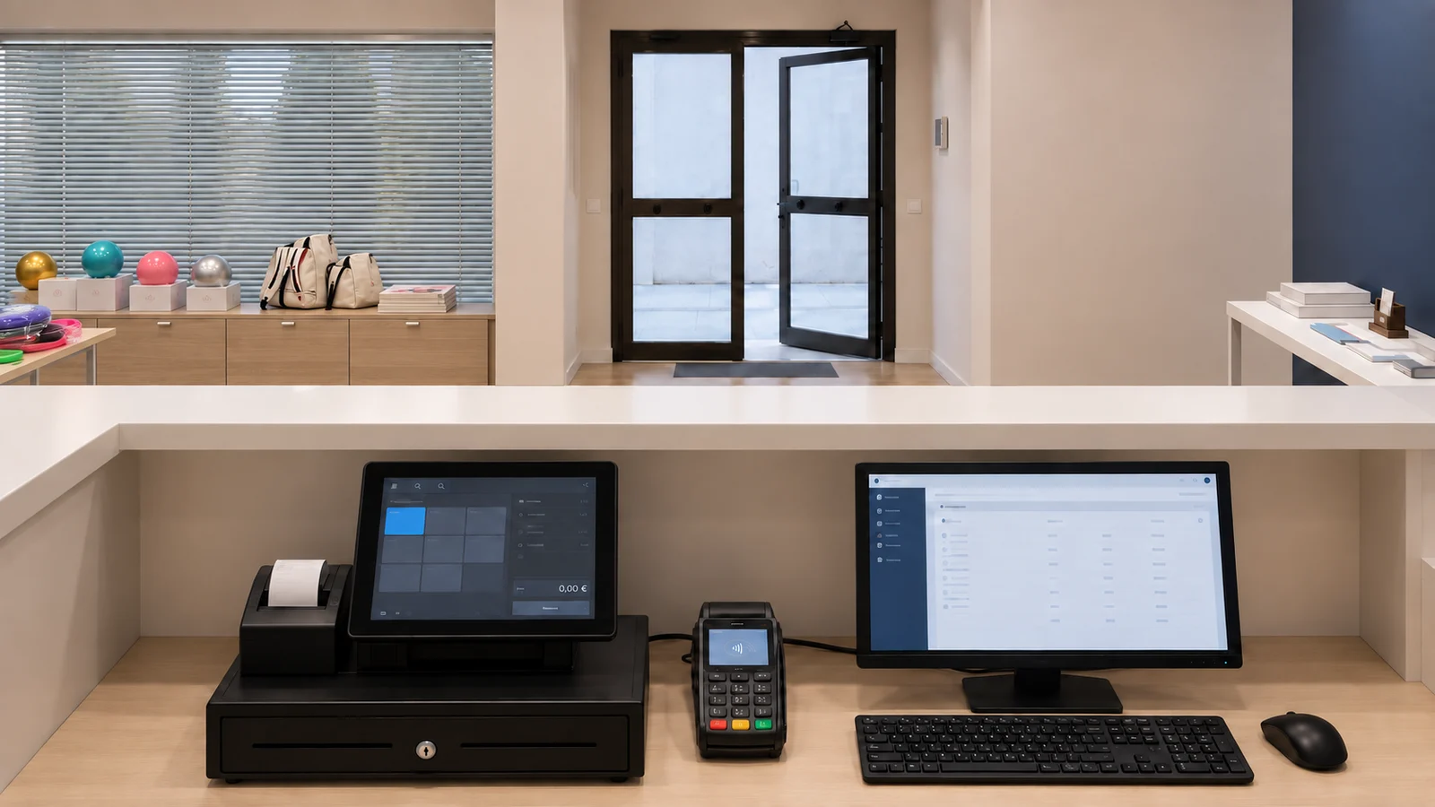 Puesto de caja con el TPV, el datáfono y un monitor con el panel de gestión